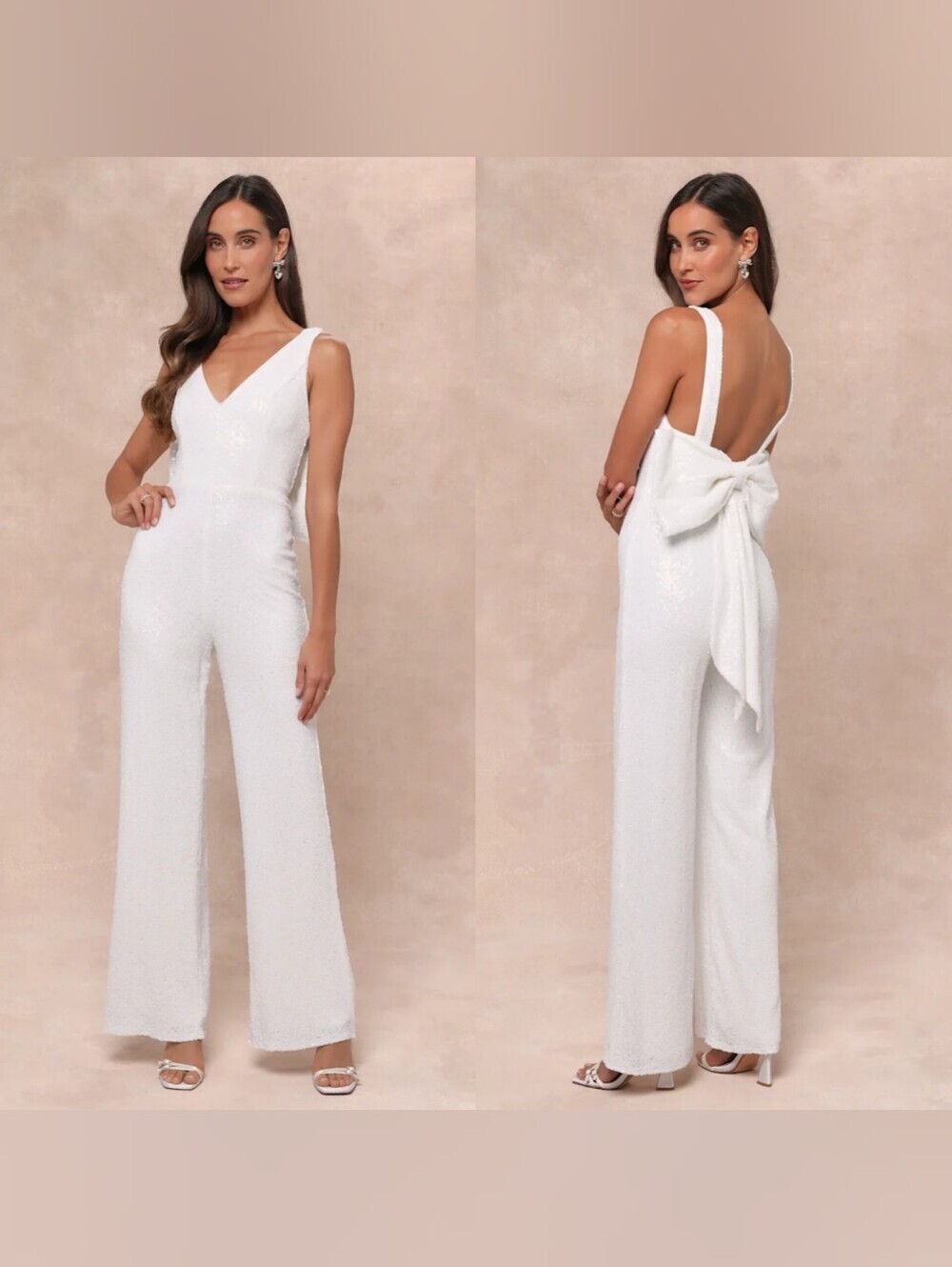 Lulus Feeling Sparkly White Sequin Bow Wide-Leg Jumpsuit S Wedding Bridal Party